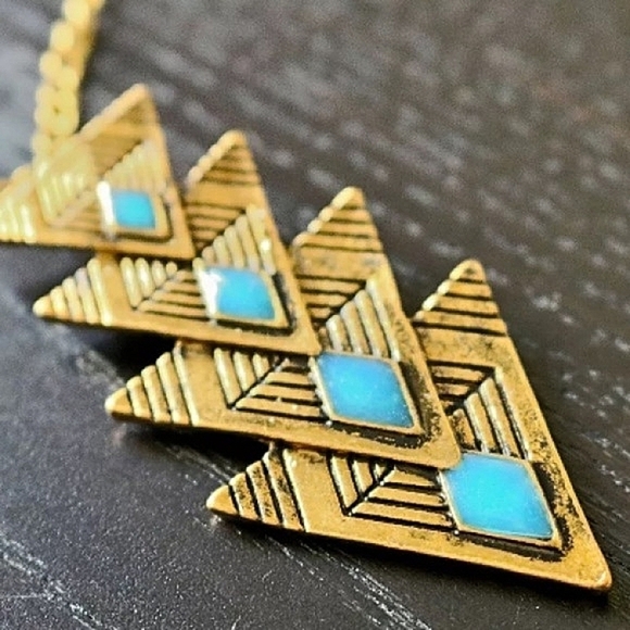 Boho Geometric Gold and Blue Necklace - Picture 1 of 4